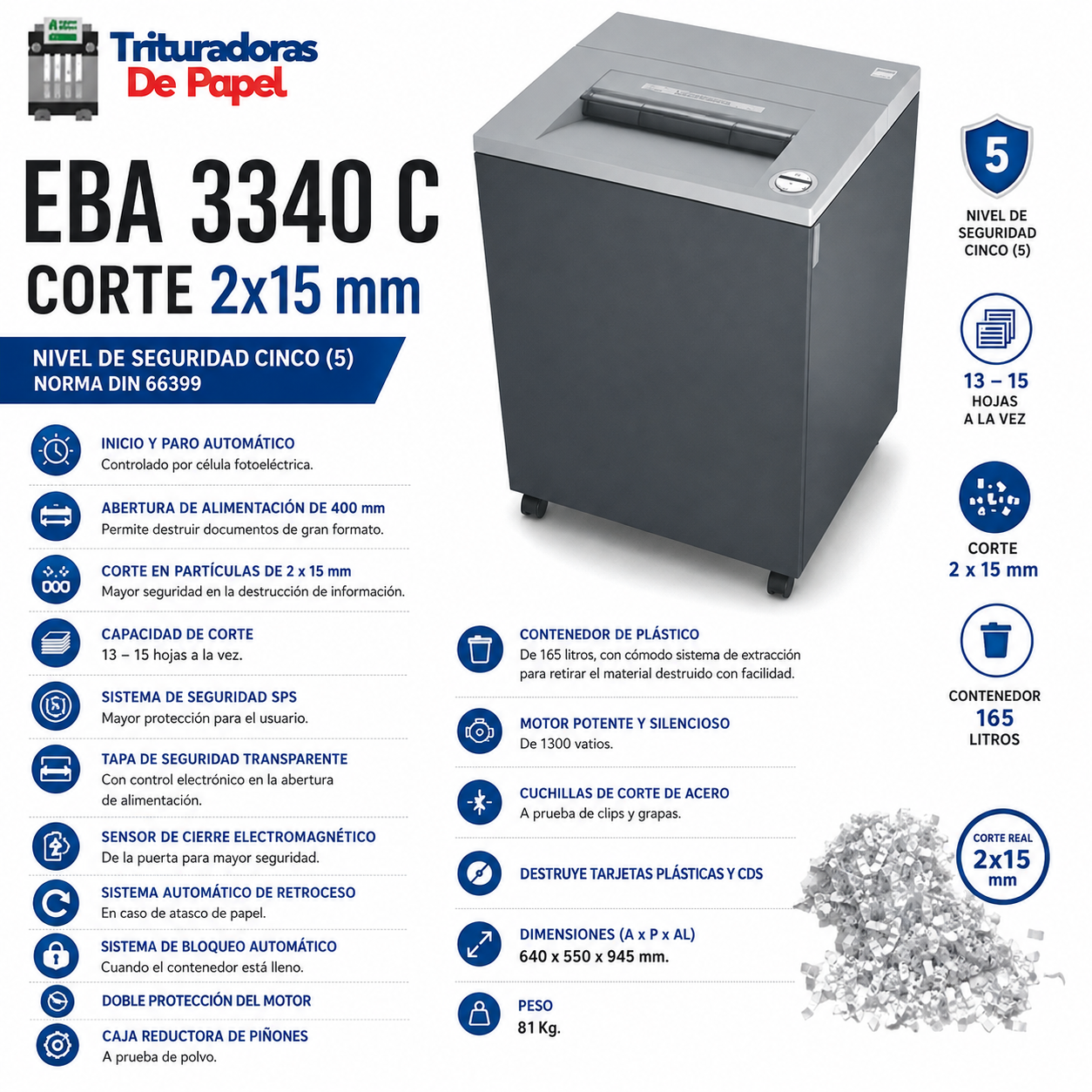 Trituradora De Papel EBA 3340 C 2x15 mm